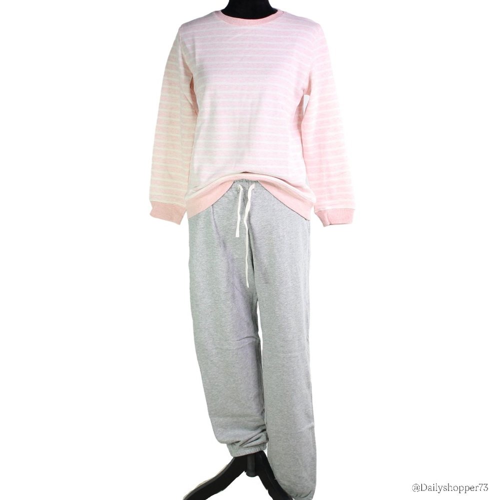 Women's Pastel Pink Striped Crewneck Sweatshirt & Joggers Terry Lounge S…